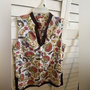 Charter Club Floral Sleeveless V-Neck Top in White and Brown Trim